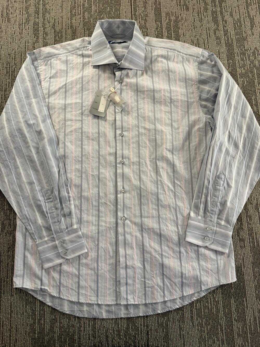 Lanzino Dress Shirt Mens XL Gray Blue Striped Long Sleeve Button Front Casual